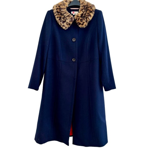 Boden Austen Coat Navy Blue Wool with Removable Faux Fur Trim Collars Size 16R - Picture 3 of 14